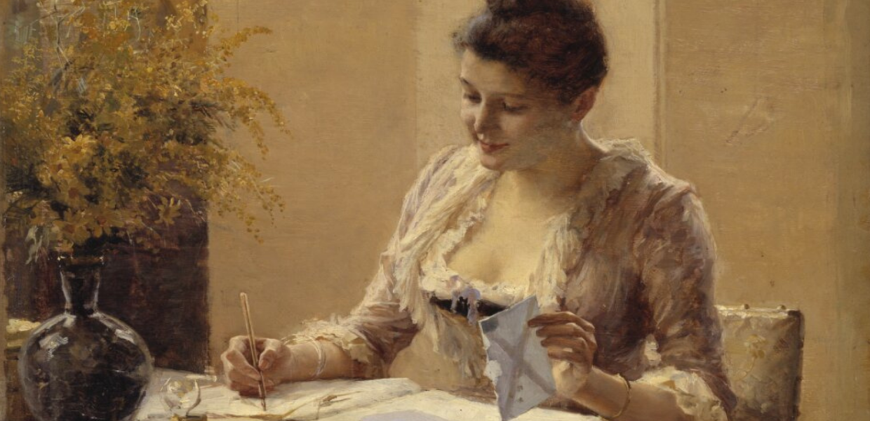 A painting of a woman writing a letter at a desk